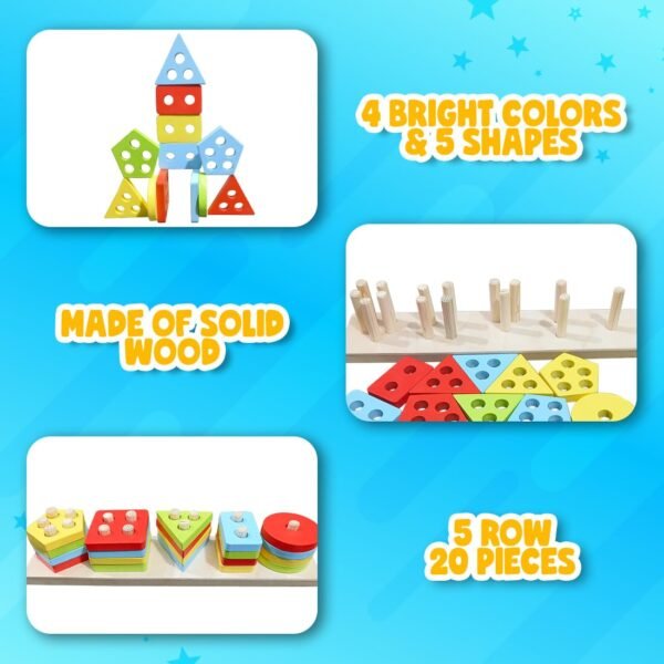 Wembley Kids Wooden Angle Geometric Blocks Stacker Shape Sorter Column Puzzle Stacking Set Educational Learning Toys for Toddlers 1-3 Years Old Boys and Girls - Image 5