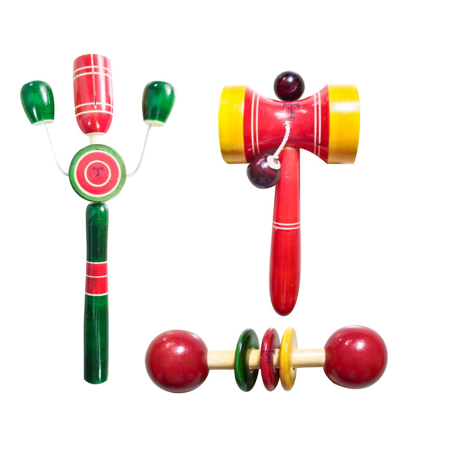 Colourful Wooden Baby Rattle Toy - Hand Crafted Rattle Set for Kids - Musical Toy for Newly Born - Wooden Teether for New Born Babies - Baby Teethers(Pack of 3) TIK Big, dumura, teether spl
