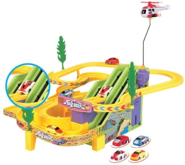 Toyshine Track Racer Racing Car Set with 4 Miniature Cars Rotating Helicopter Toy for 3-5 Year Boys Girls Kids Vehicle Toy Parking Set Game Ramp Toy - Image 3