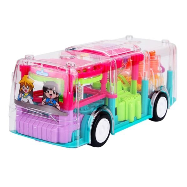 Transparent 3D Bus Toy, 360 Degree Rotation, Gear Simulation Mechanical Sound and Light, DIY Customizable Miniature Bus Playset for Kids 2-5 Years