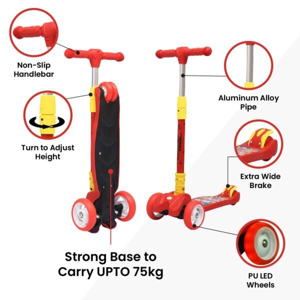 R for Rabbit Road Runner Scooter for Kids of 3+ Year Age, Kids Kick Scooter with 4 Level Height Adjustment, PU LED Wheels & Weight Capacity Upto 75 kg (Red) - Image 6