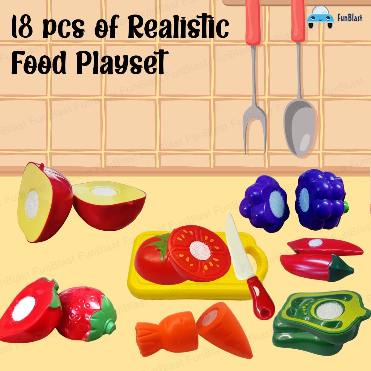 FunBlast Fruits and Vegetables Play Set Toys - Realistic Sliceable Cutting Fruits and Vegetable Pretend Play Kitchen Toys for Kids, Play Food Toys, Fruit Vegetable Toys with Chopping Board & Knife - Image 5