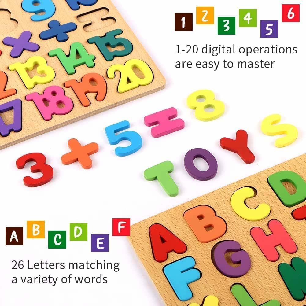 Desi Bazaar & co Wooden Puzzle Set - ABCD Alphabets, Numbers Educational Toy | Learning Board for Toddlers & Preschoolers | Safe Non-Toxic Wood | Durable Perfect for Kids Aged 3-5 Years - Image 2