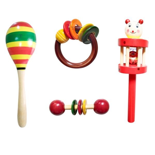 Colourful Wooden Baby Rattle Toy - Hand Crafted Rattle Set for Kids - Musical Toy for Newly Born - Pack of 4(Cage, Egg, teether spl, Ring teether