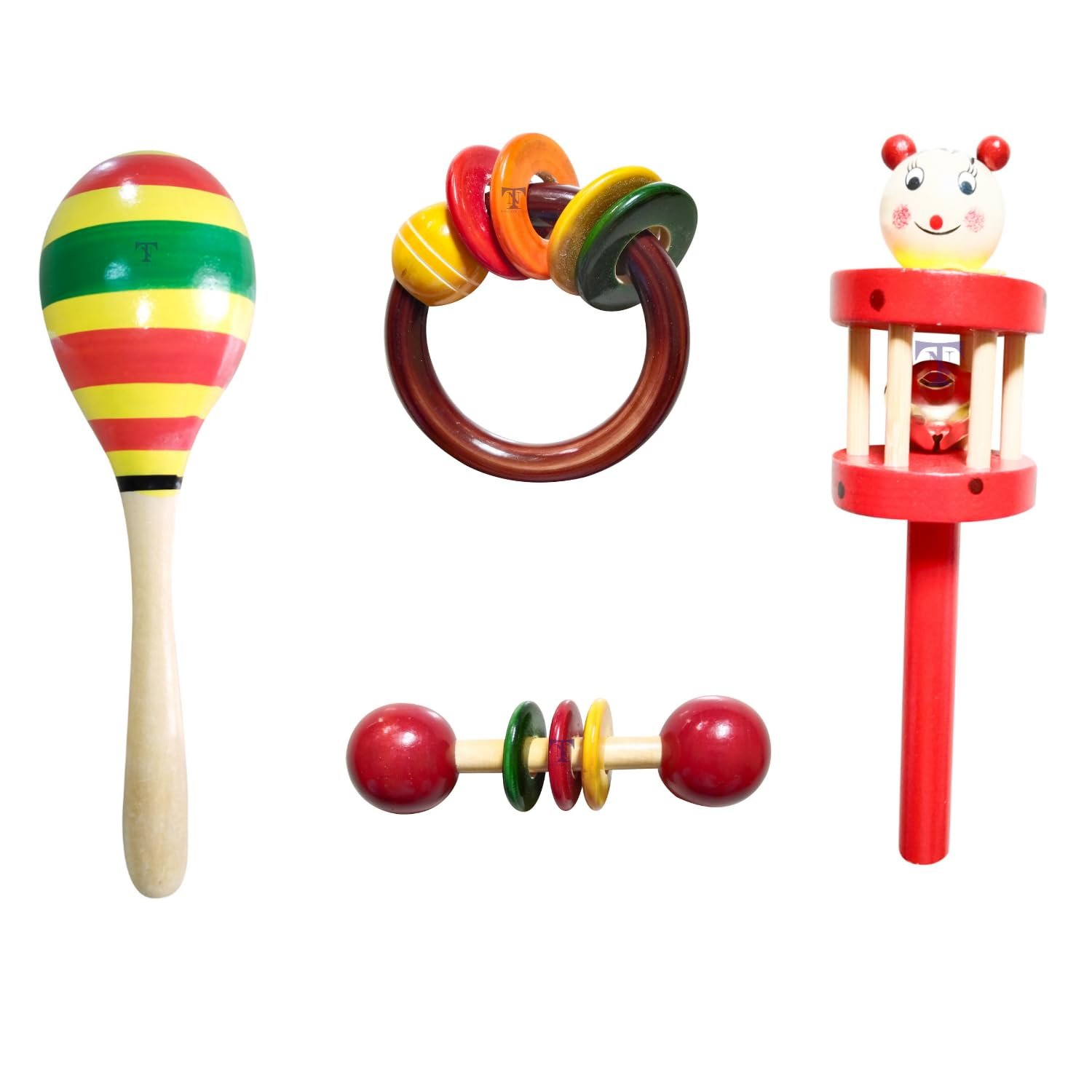 Colourful Wooden Baby Rattle Toy - Hand Crafted Rattle Set for Kids - Musical Toy for Newly Born - Pack of 4(Cage, Egg, teether spl, Ring teether
