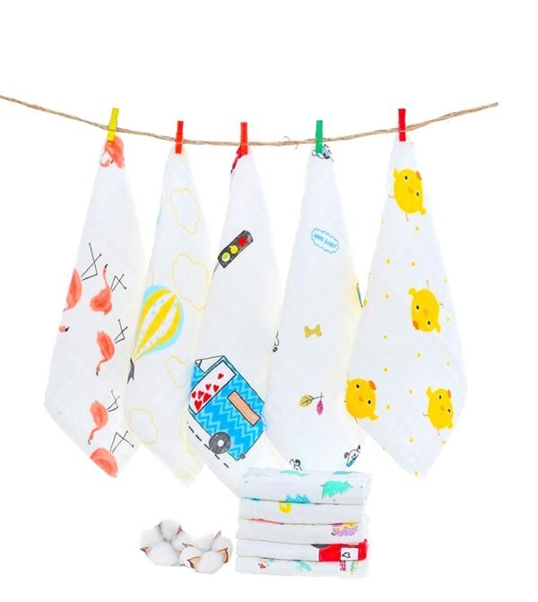 Double Layered Extra Soft & Super Absorbent Cotton Handkerchief For Women\'s, Kids & Newborn Babies/Face Towel, Casual Style Printed Hanky (White) (25X25 Cm) (5)