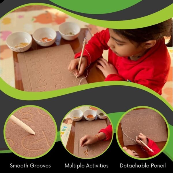 Wooden Tracing Board for Kids Reading & Writing Board with Pencil Educational Learning Toys 2 in 1 Slates for 2 Yr Kids Capital & Small, Cursive, Number, Pattern Varnamala & Hindi Ka KHA (Pack of 4) - Image 4
