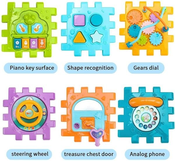 Roscoe Activity Cube Baby Toys 6 in 1 Multi-Purpose Educational Learning Cube with Music Activity Center Play Square with Musical Toys Shape Sorter Toy Gift for 18M+ Year Old Boy Girl Toddlers Kids