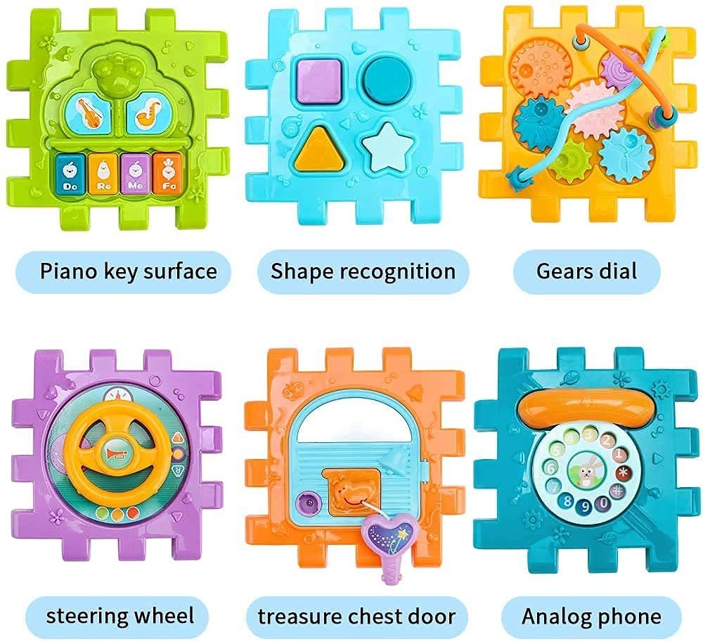 Roscoe Activity Cube Baby Toys 6 in 1 Multi-Purpose Educational Learning Cube with Music Activity Center Play Square with Musical Toys Shape Sorter Toy Gift for 18M+ Year Old Boy Girl Toddlers Kids