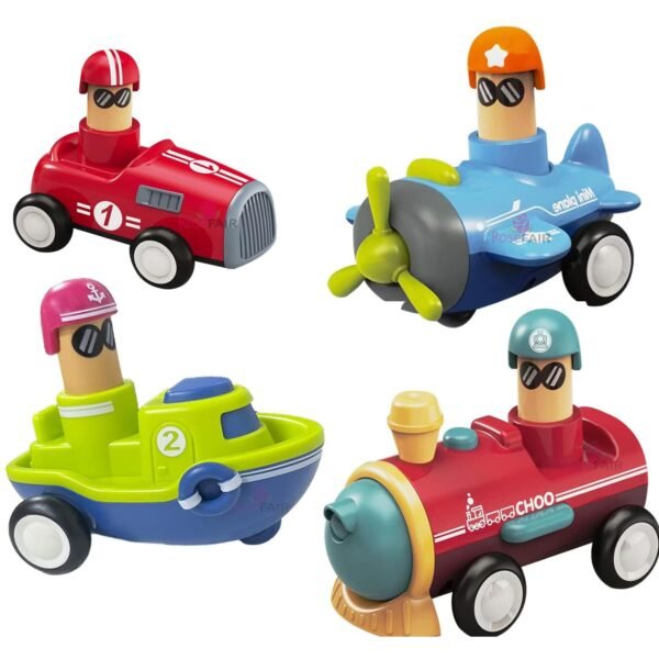 Friction Powered Vehicles Cars Toy Push and Go Back for Toddlers Baby Boys Girls 1-6 Years Old Gift Car, Train, Boat, Airplane - 4 Pack (BCTP-04)