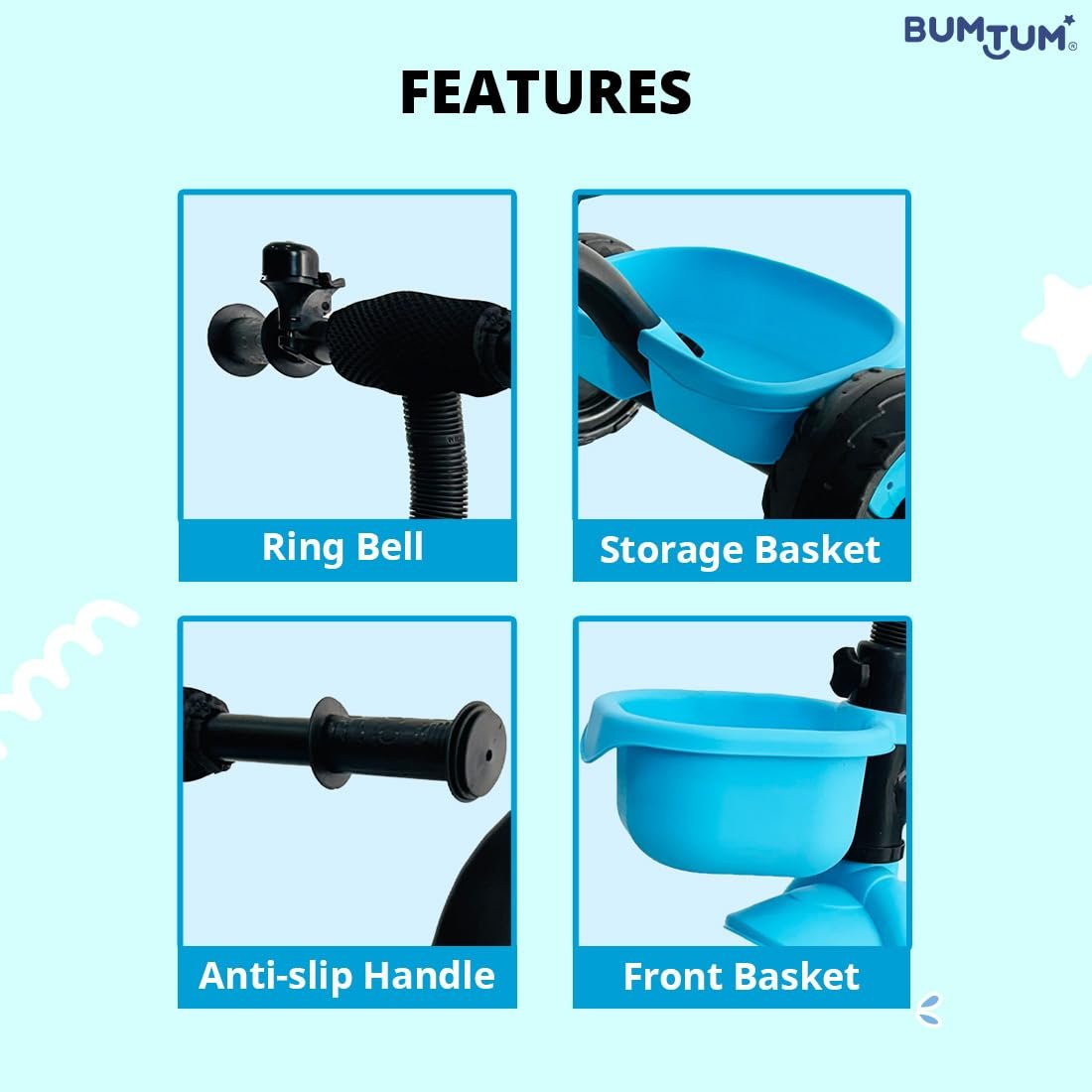 Bumtum Tricycle Ride | Play & Plug Cycle for Kids | 2-5 Years - Tricycles for Boy & Girl | Sturdy Designs with Storage Box, Horn and Guarded Seats, Heavy Wheels (Blue) - Pack of 1 - Image 5