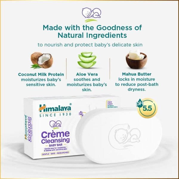 Himalaya Creme Cleansing Baby Bar 125G| pH 5.5|with Coconut milk Protein and Aloe vera|Soap Free|Dermatologically tested |For New borns|For Baby\'s sensitive skin| No Parabens|No Synthetic Colors - Image 4