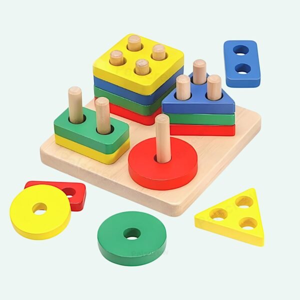 Wooden Square Base Geometric Blocks Four Shapes Four Colour Stacker Shape Sorter Column Puzzle for Kids Age 2-6 Years (Wooden Square Base Shapes)