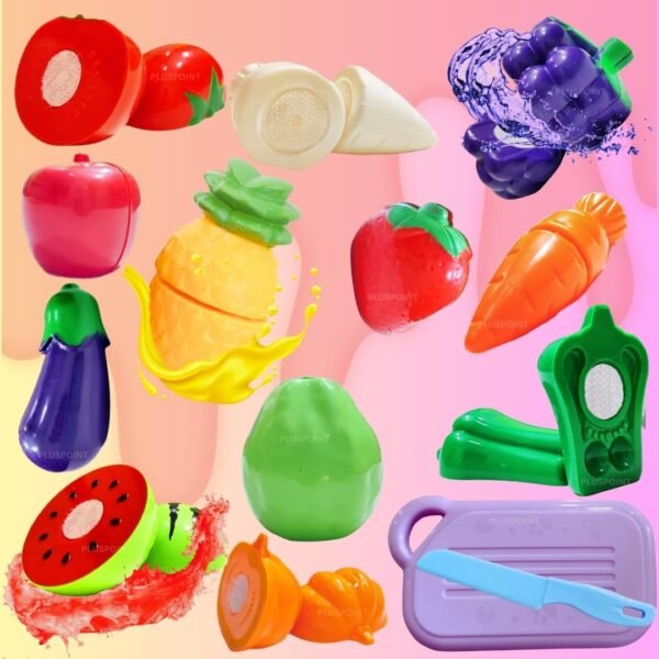 PLUSPOINT 14 PCS Food Cutting Toy for Kids, Pretend Play Kitchen Set of Fruit & Vegetables Set Includes 6 Fruits, 6 Vegetables,1 Board,1 Knife for Girls and Boys (Fruits n Veggies 14pc) - Image 4