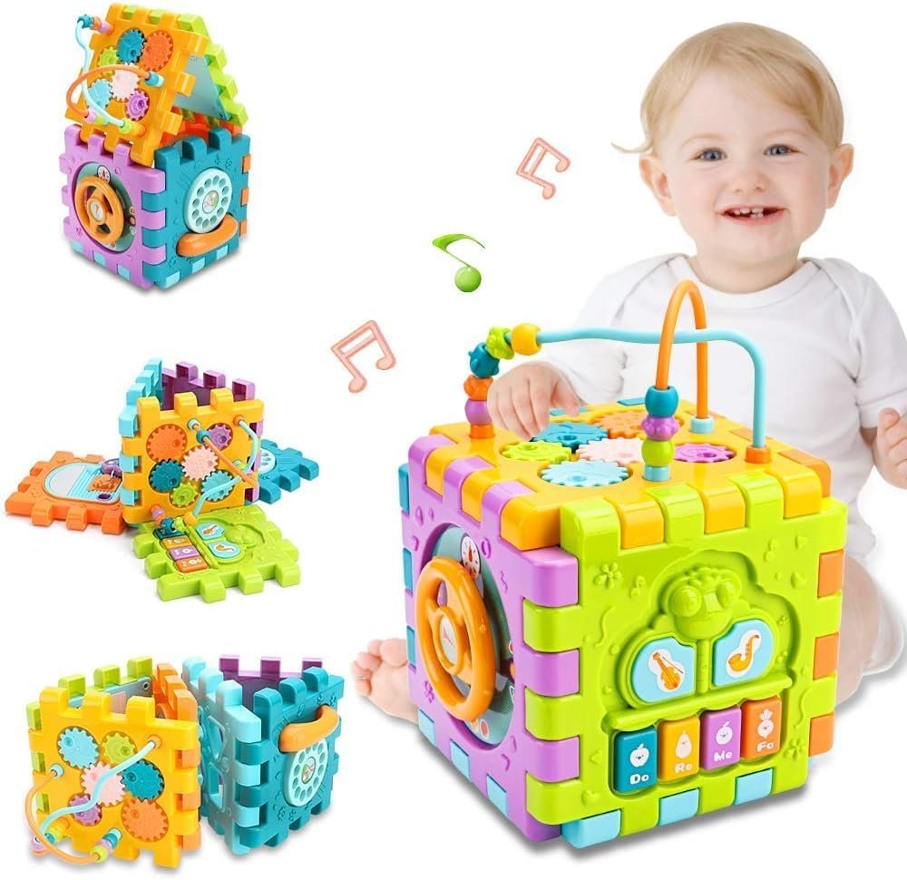 LONGMIRE Activity Cube Baby Toys 6 in 1 Multi-Purpose Educational Learning Cube with Music Activity Center Play Square with Musical Toys Shape Sorter Toy Gift for 18M+ Year Old Boy Girl Toddlers Kids