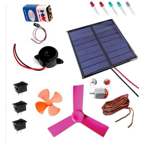 VITSZEE DIY Solar Bettery Experiment Kit for Kid Educational DIY Science Project Kit | School Experiment, Physics Practical (Solar Plate, Bettery, Sound Buzzer, LEDs, Toy Motor, Fan, Switch, Wire)