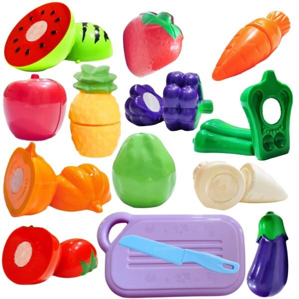 PLUSPOINT 14 PCS Food Cutting Toy for Kids, Pretend Play Kitchen Set of Fruit & Vegetables Set Includes 6 Fruits, 6 Vegetables,1 Board,1 Knife for Girls and Boys (Fruits n Veggies 14pc)