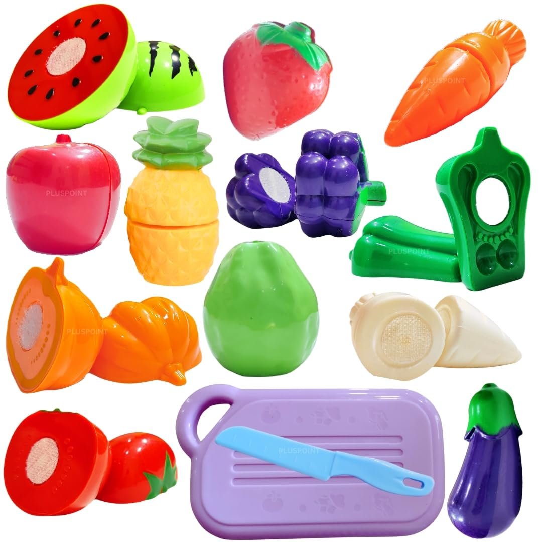 PLUSPOINT 14 PCS Food Cutting Toy for Kids, Pretend Play Kitchen Set of Fruit & Vegetables Set Includes 6 Fruits, 6 Vegetables,1 Board,1 Knife for Girls and Boys (Fruits n Veggies 14pc)