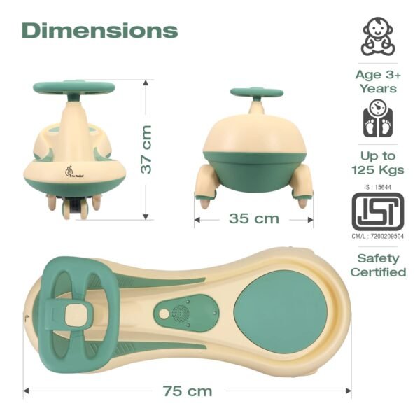 R for Rabbit Iya Iya Drift Swing Car for Kids, Twister Magic Ride on Panda Car with Scratch Free PU LED Wheel for 3+ Years Baby Boy & Girl, Weight Capacity Upto 125KG (Peach Green) - Image 2