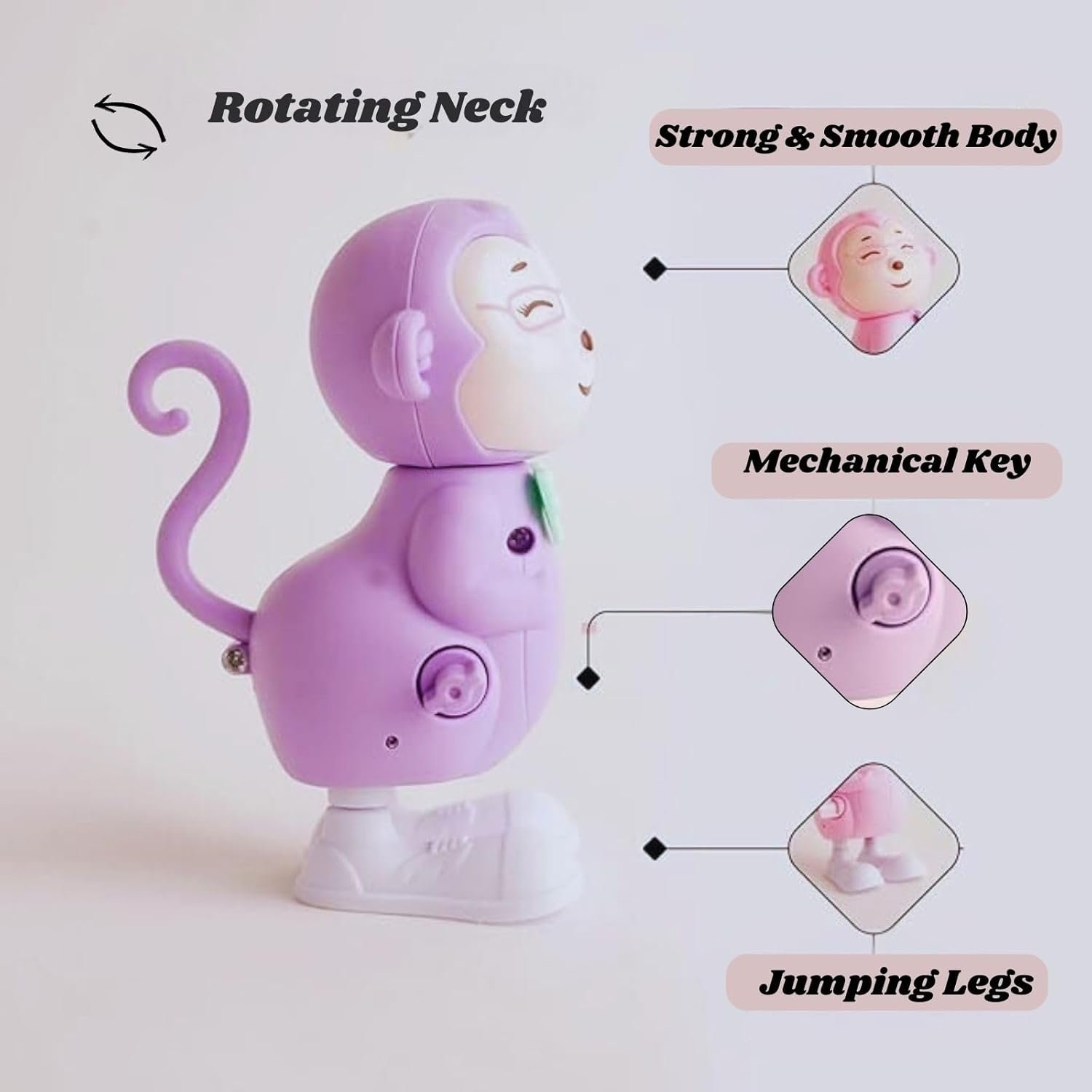 GRAPHENE Wind-Up Key Operated Jumping Animal & Bird Toys for Kids – Duck, Monkey, Dinosaur, Sparrow Moving Crawling Toys for Toddlers & Infants (1-5 Years) – Multicolor Set of 3 - Image 4