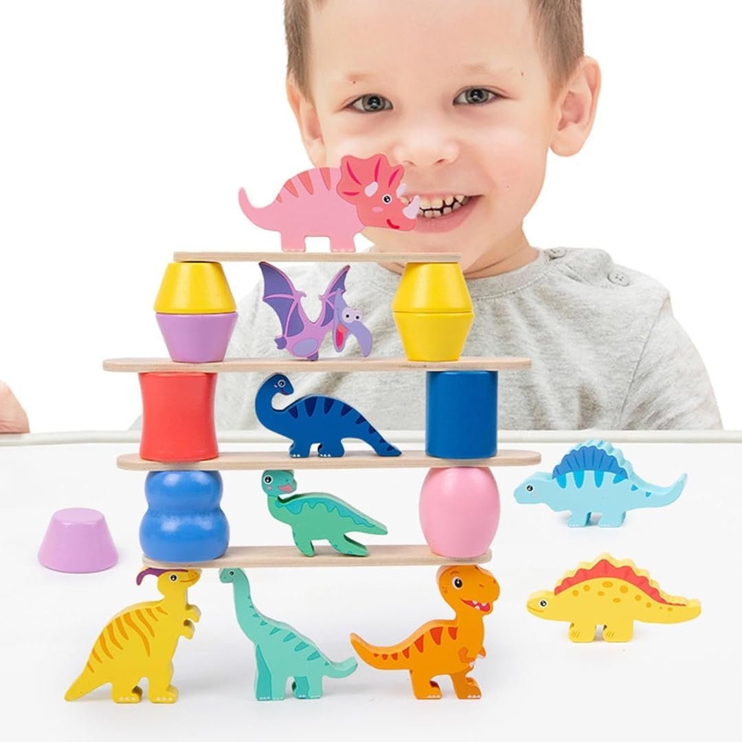 Montessori Dinosaur Toys for 1 2 3 4 Year Old Toddlers, Preschool Education Toys for Ages 2-4 Boys Girls Kids, Wooden Dinosaur Blocks Sorting & Stacking & Balance Toys, - Image 5