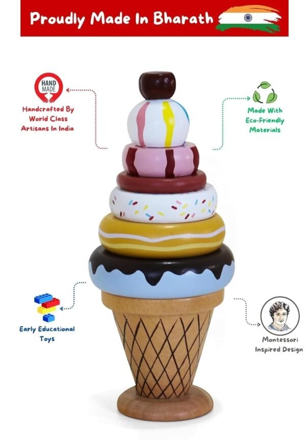Wooden Ice Cream Stacking Toy for Kids - (1 Year+) - Montessori Toys for Toddlers 1-3 Years Old and Up - Multicolor - Pack of 1 - Develop Fine Motor Skills - Image 3