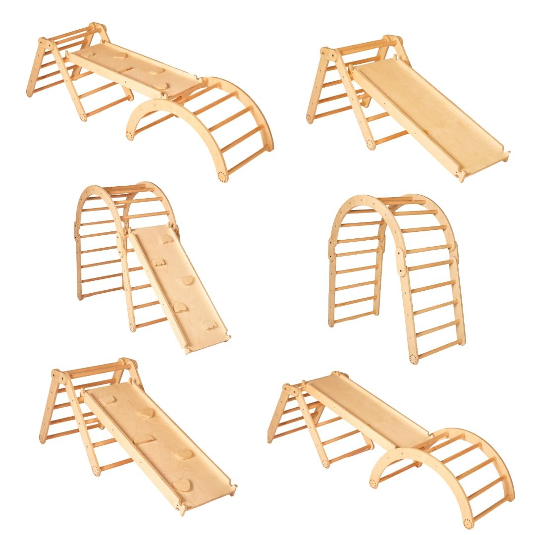 Curious Cub Pikler Triangle Set for Kids 1-6 Yrs | Montessori Learning Toy with Arch, Ramp, & Climbing Triangle | Transformable Climbing Toy, Indoor Playground for Baby | Indoor Slide and Climber Ramp