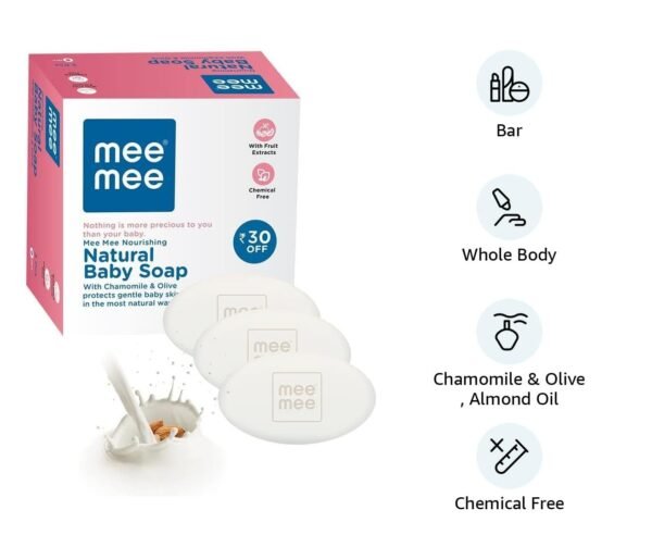 Mee Mee Gentle Baby Soap 75g (Pack of 3) | Gentle Bathing Bar Infused with Chamomile, Olive, Almond Oil, and Milk Extracts | Dermatologist Tested for Soft Baby Skin | Tear-Free Formula | Paraben Free - Image 3