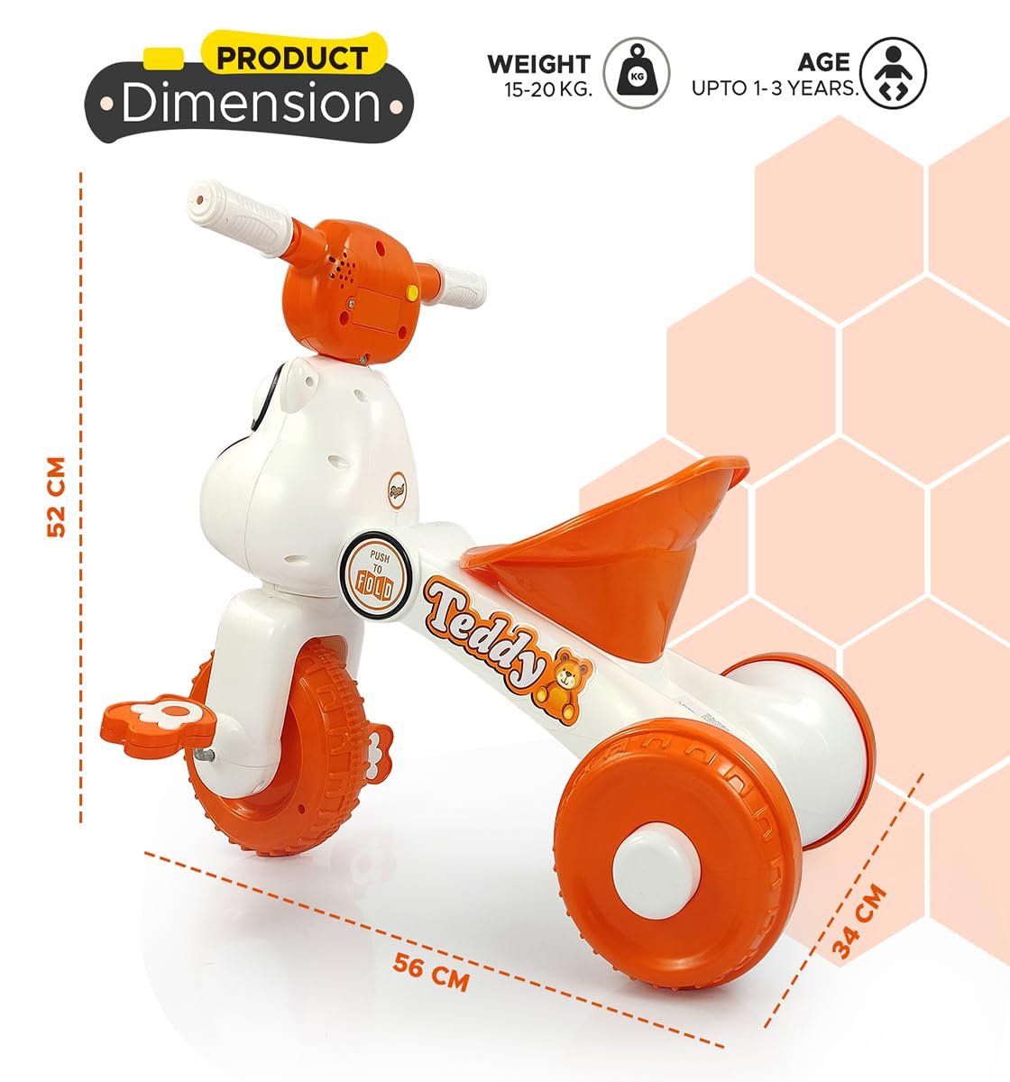 Dash Teddy Foldable Tricycle for Kids 1-3 Years, Baby Cycle With Light and Music (Capacity 20Kg | Orange) - Image 2