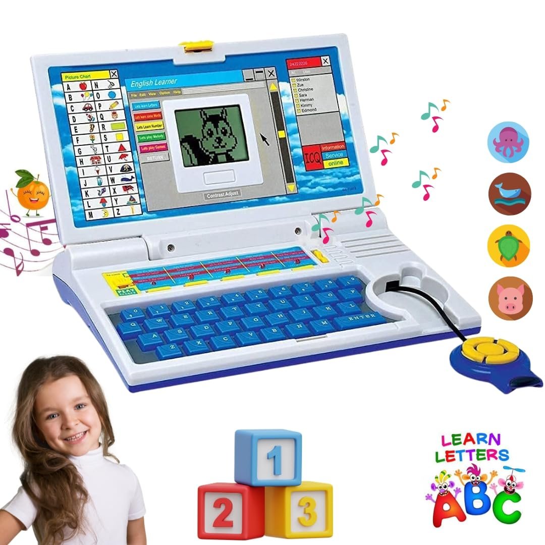 Educational Laptop for Kids (1 Year Warranty) w/ Mouse Games 20 Fun Computer Activity Learning Toy for 2 3 4 5 Years Boys Girls Learn Letters Words Mathematics Music Logic Memory Tool, Blue