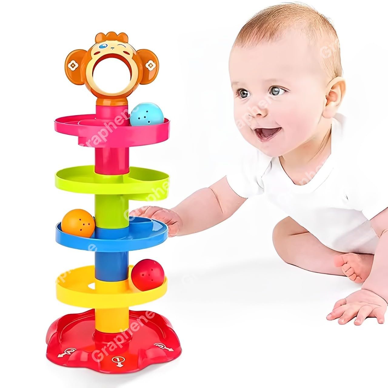 GRAPHENE Monkey Ball Drop and Roll Swirling 5 Layer Tower Toy for Kids,Toddler 3 Puzzle Rattle Balls with Non Toxic Material Stacking Educational Toy Best Birthday Gift Multicolor(Pack of 1)