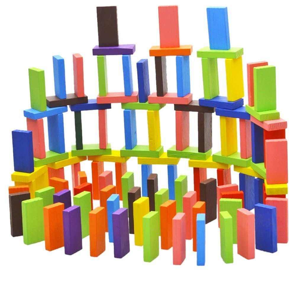 Non-Toxic Wooden Dominoes Building Blocks Set for 3-8 Years Old Kids,12 Multi Color,100 Piece - Image 4