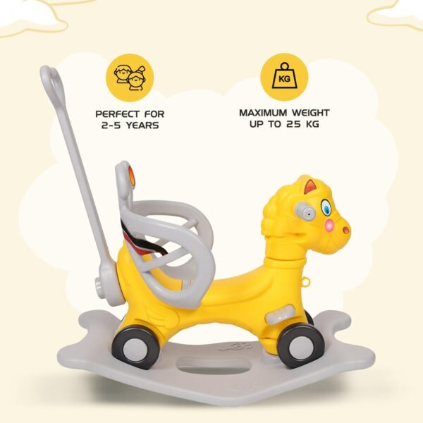 Amazon Brand - Jam & Honey 3-in-1 Ride-on Car and Rocker for Kids | Parental Handle | for 2-5 yrs | Non-Toxic HDPE Material | Sturdy and Durable | Safety Belt | BIS Approved (Yellow & Grey) - Image 4