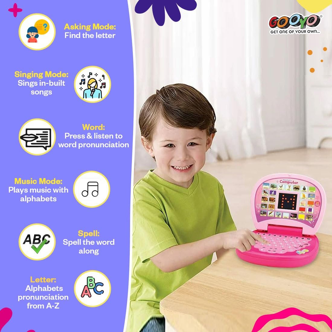 Gooyo 2011A Battery Operated Educational Learning Laptop Toy with LED Display and Music Effect | Babies/Girls/Boys/Toddlers | Pink Color, Power Source: 3xAA Battery (Not Included) - Image 5