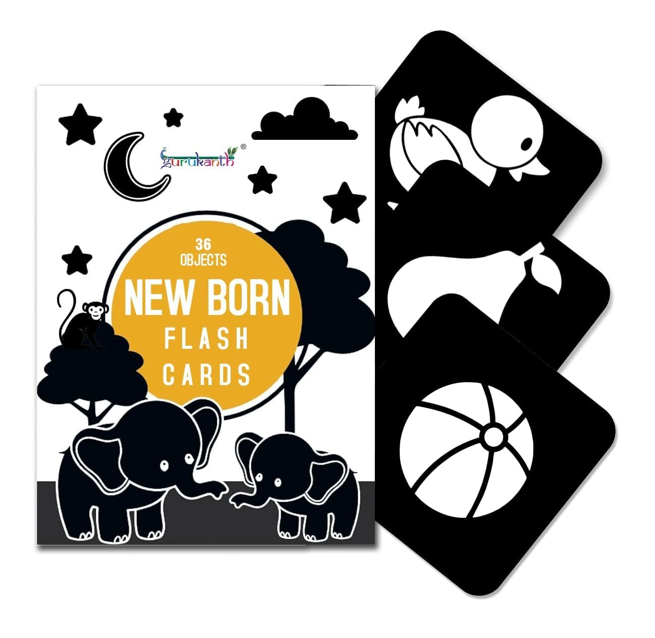 Premium High Contrast Flash Cards for New Born Children - Black & White | 36 Objects | Age Group: 0-1 Year | Visual Stimulation and Sensory Development for Infants