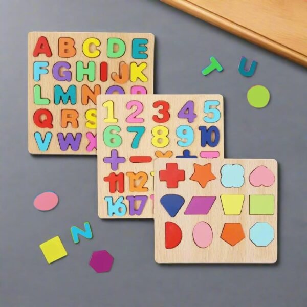 PRAYAASHEE™ Wooden Learning Educational Boards for Kids, Educational Puzzles for 2 Years Old Boys & Girls, Toddlers & Preschoolers, ABCD 1234 Toys for Kids, 3-in-1 Set (Alphabets, Numbers & Shapes) - Image 4