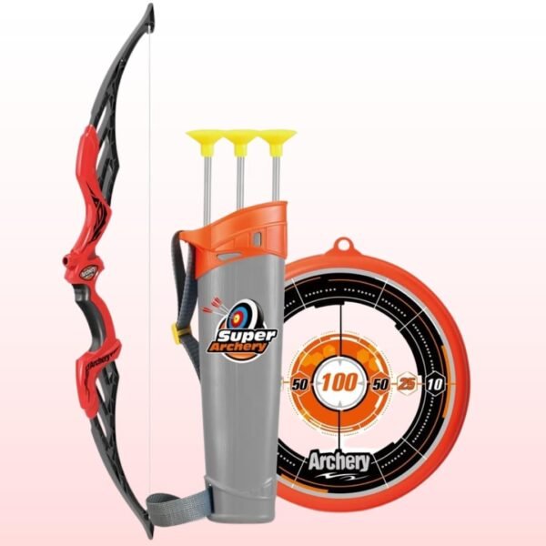Storio Kids Bow & Arrow Toy | Archery Set for Boys and Girls, Outdoor Hunting Game with 3 Suction Cup Arrows, Target & Quiver | Target Game Perfect for Kids - Red
