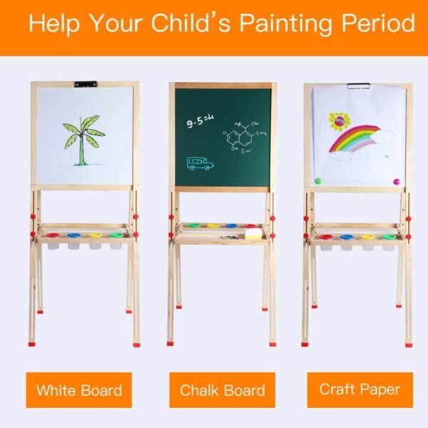 Kids Art Easel,Whiteboard and Chalkboard Easel for Kids, 0.8 Inch Thick Wood Frame and Adjustable Height, All Accessories Include - Image 5