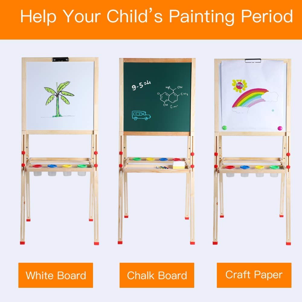 Kids Art Easel,Whiteboard and Chalkboard Easel for Kids, 0.8 Inch Thick Wood Frame and Adjustable Height, All Accessories Include - Image 5