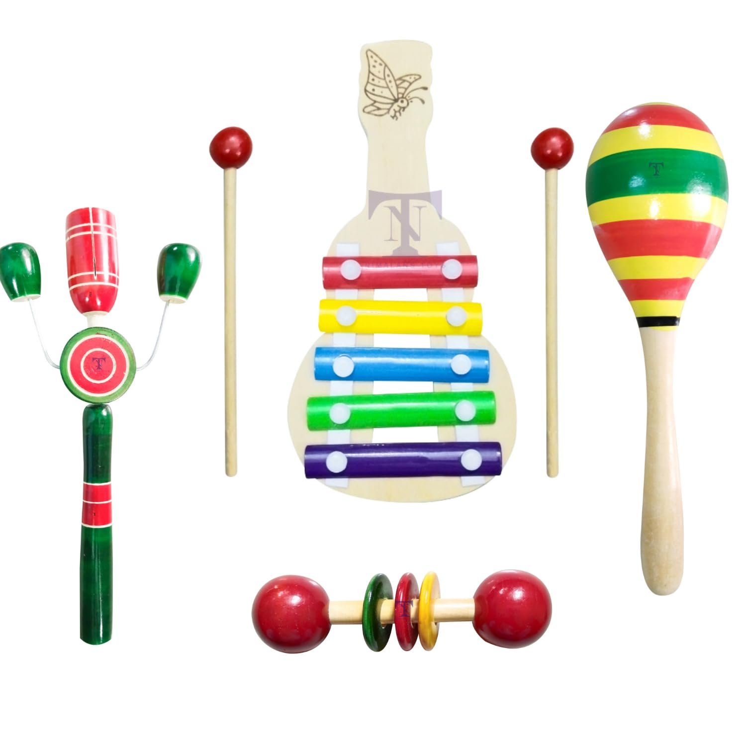 Colourful Rattles and Xylophone Toys for Kids - Non-Toxic Attractive Rattle for New Born - Wooden Teether for New Born Babies - Baby Teethers (Pack of 4) Xylophone S, TIK Big, Egg Rattle, teether spl
