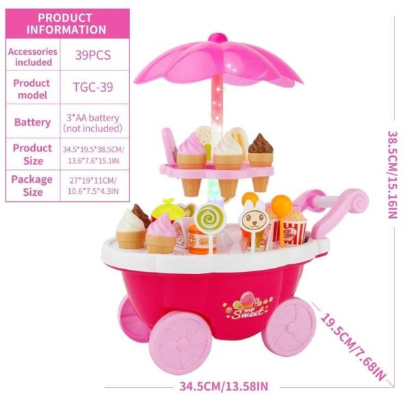 Plastic 42 Pcs Big Size Kitchen Playset | Musical & Light Kitchen Set Toy for Kids with Sound and Accessories Set for 4 Year Old (Pink Ice Cream Trolley) - Image 2