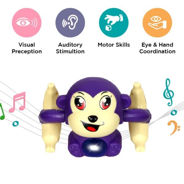 Dancing Monkey|Voice & Touch Sensor with Musical Light & Sound Effect|AAA Battery Operated|Birthday Gift|Spinning & Rolling Doll Tumble Toy for Kids 1 Year +|Made in India|Purple Color - Image 5