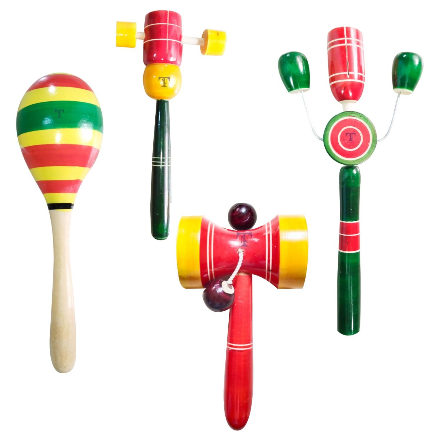 Colourful Wooden Baby Rattle Toy - Hand Crafted Rattle Set for Kids - Musical Toy for Newly Born (Pack of 4) TIK TIK Small, damaru Rattle, face TIK tok Rattle, Egg Rattle (Colour May Vary)
