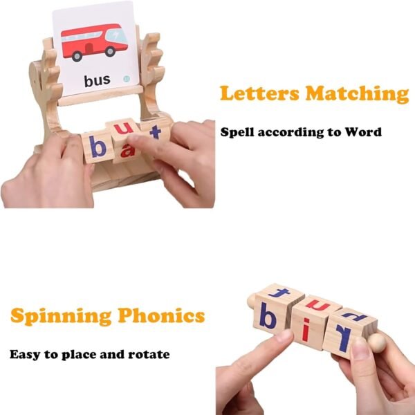 Wooden Reading Blocks,Montessori Toys for Toddlers 2 3 4 Years Old,Flash Cards Turning,Short Vowel Rotating Matching Letters Toy for Kids,Wooden Spelling Toy,Sight Word Games - Image 5