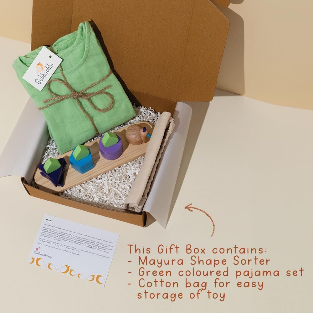 Mayura with Green Pajama Gift Set | Wooden Shape Sorter & Muslin Pajama Combo | Gifting for Kids | Wooden Toy Set for Gifting Children | Natural Wood | Birthday Gift (1-2 Years) - Image 3