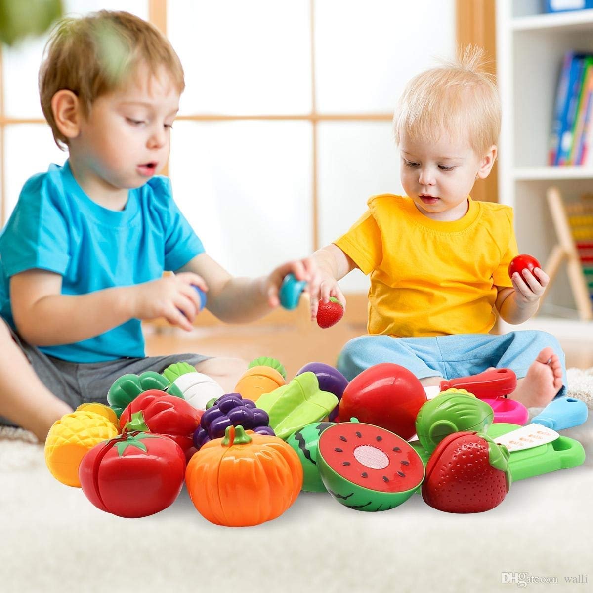 PLUSPOINT 14 PCS Cutting Play Food with Tray Toy for Kids Kitchen, Pretend Fruit &Vegetables Accessories Has 6 Fruits, 6 Vegetables,1 Board,1 Knife for Girls and Boys (Fruit Cut with Serving Tray) - Image 2