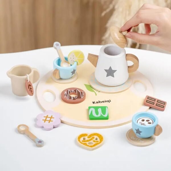 Wooden Tea Set Princess Tea Party Pretend Play Toy | Kids Afternoon Tea Set with Teapot, Cups, Spoons & Fruit | Educational & Imaginative Gift for Toddlers - Image 4