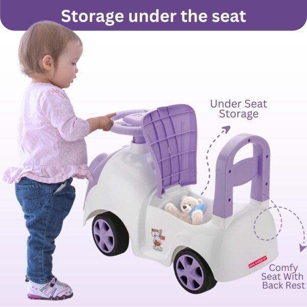 MiniExplorer Rabbit Ride On & Toy Car for Kids with Music & Horn Steering, Push Car for Baby with Backrest, Safety Guard, Under Seat Storage & Big Wheels | Ride On for Kids 1 to 3 Years - Purple - Image 4