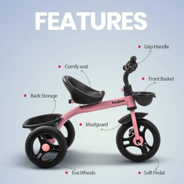 Baybee Geezee Baby Tricycle for Kids | Balanced Baby Trikes with Eva Wheels, Front & Back Storage Basket for Toys | Children Bicycle for Kid | Kids Cycle for 2-5 Years Boy Girl (Pink) - Image 4