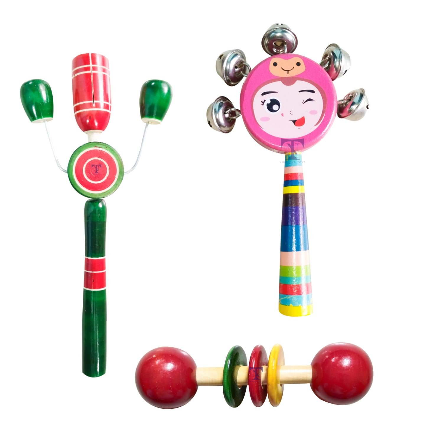 Colourful Wooden Baby Rattle Toy - Hand Crafted Rattle Set for Kids - Musical Toy for Newly Born - Wooden Teether for New Born Babies - Baby Teethers(Pack of 3) TIK Small, face Rattle, teether spl